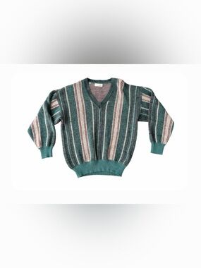 GINO Vintage-Inspired Green Striped V-Neck Cardigan Sweater